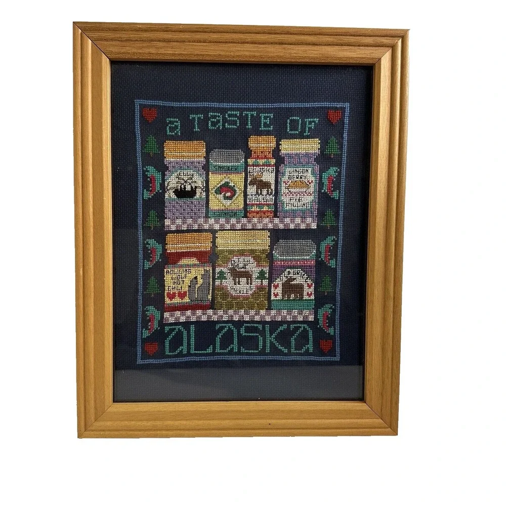 VTG A Taste of Alaska Framed Cross Stitch Wall Art Handmade Cabin Decor 15x12‎
